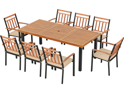 Costway 9-Pc Patio Dining Set Acacia Wood Table Umbrella Hole 24
