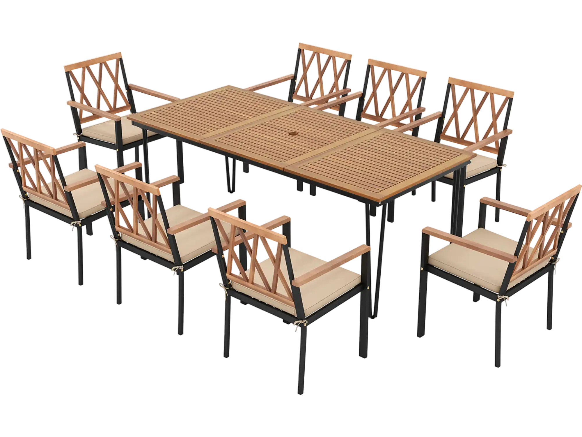 Costway 9-Piece Patio Dining Set Acacia Wood Table w/ Umbrella Hole 22.5