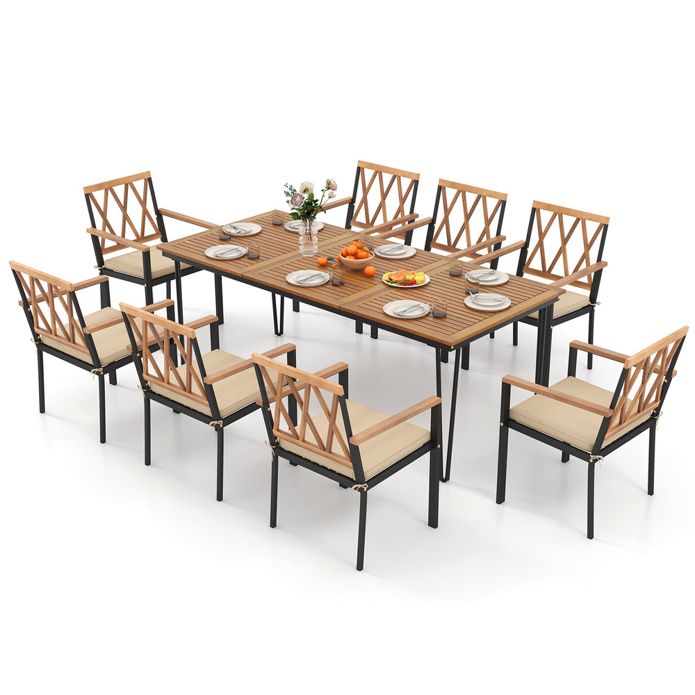 Elegant 9-piece patio dining set with ergonomic chairs and padded cushions, ideal for outdoor dining and relaxation.