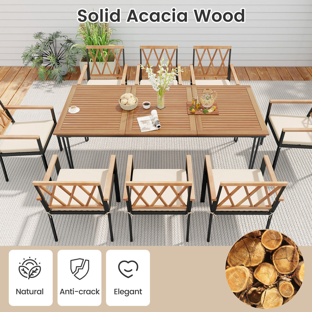9-piece patio dining set featuring a solid acacia wood table and cushioned chairs, perfect for outdoor gatherings.