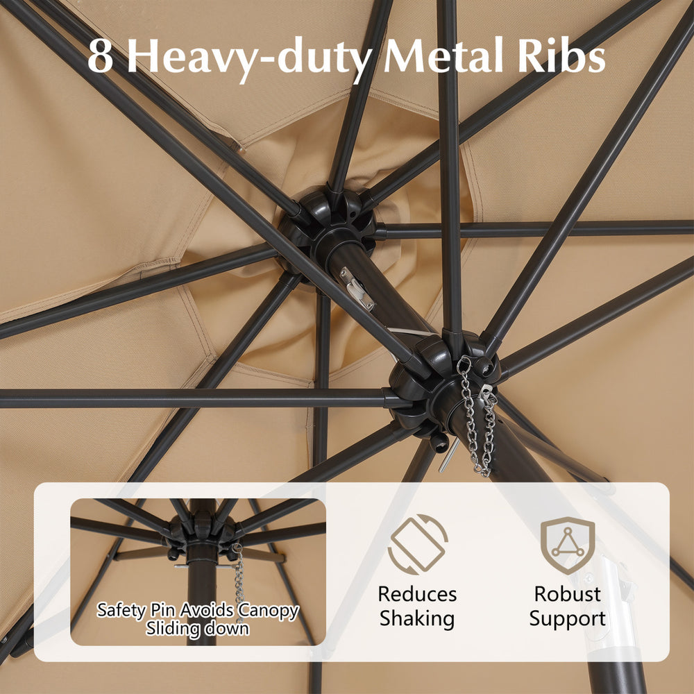 Close-up of the 9/10 FT outdoor umbrella's heavy-duty metal ribs, featuring robust support and safety pin to prevent.