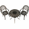 Three-piece outdoor bistro set in antique bronze finish with removable ice bucket, perfect for garden or patio use.