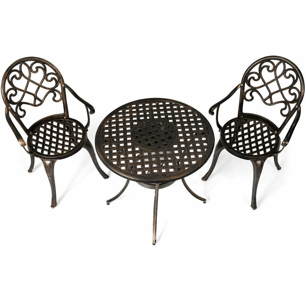 Three-piece outdoor bistro set in antique bronze finish with removable ice bucket, perfect for garden or patio use.
