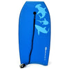 Lightweight blue bodyboard with EPS core, XPE deck, and crescent tail, ideal for surfing and water sports.