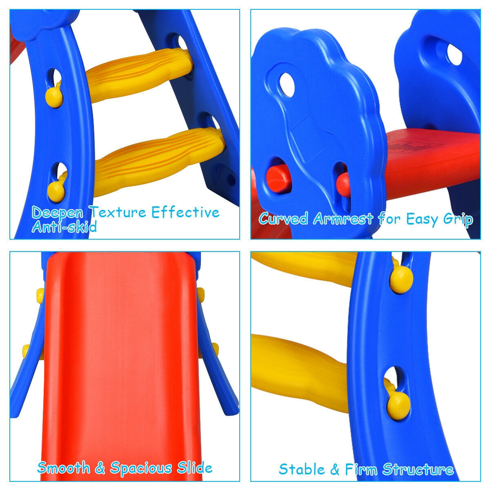 Curved armrest and non-slip steps of the 2-step kids plastic folding slide for safe indoor play and climbing.