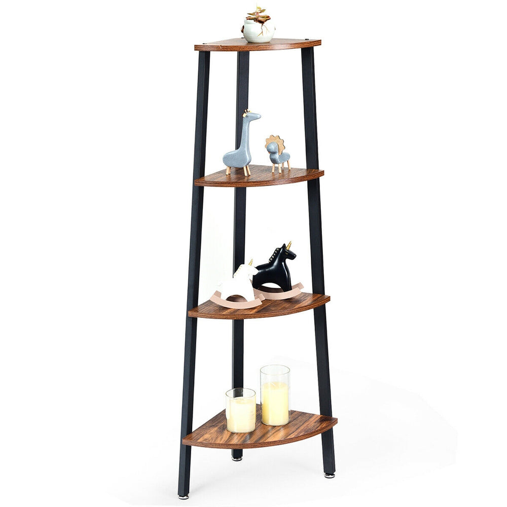 4-tier corner shelf with a unique triangular design and four spacious shelves, perfect for maximizing storage in small.