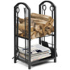 Fireplace log rack with firewood and 4 wrought iron tools, sturdy design for indoor or outdoor use, keeps area tidy.