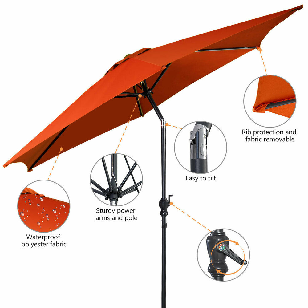 9 ft orange patio umbrella with crank, waterproof polyester fabric, sturdy steel ribs, ideal for sun and rain.