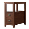 Brown wooden end table with a spacious surface, featuring two drawers and a shelf, perfect for compact living spaces.