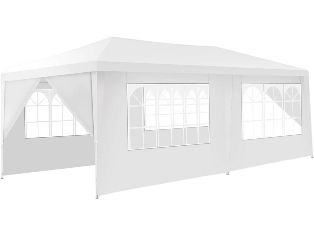 10 x 20 feet white canopy tent with 6 sidewalls, windows, and a carry bag, ideal for outdoor events and gatherings.