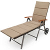 Outdoor rattan chaise lounge chair with adjustable backrest, soft cushion, and aluminum frame, ideal for sunbathing.