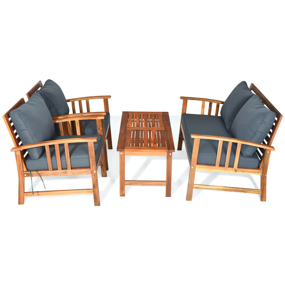 4-piece wooden patio furniture set with cushioned chairs and table, perfect for outdoor or indoor use.