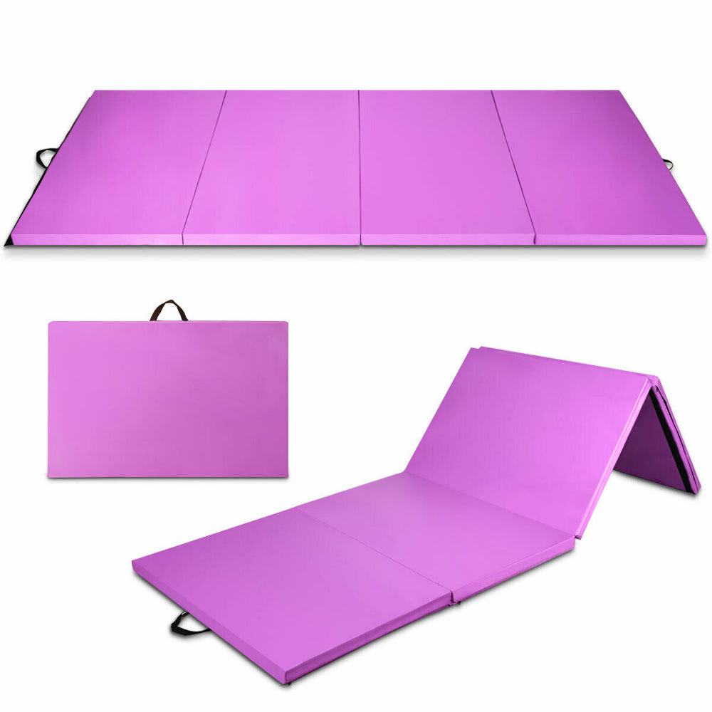 Folding 8 x 4 feet purple gymnastics tumbling mat with 4 panels, made of PU leather and EPE foam, ideal for sports.