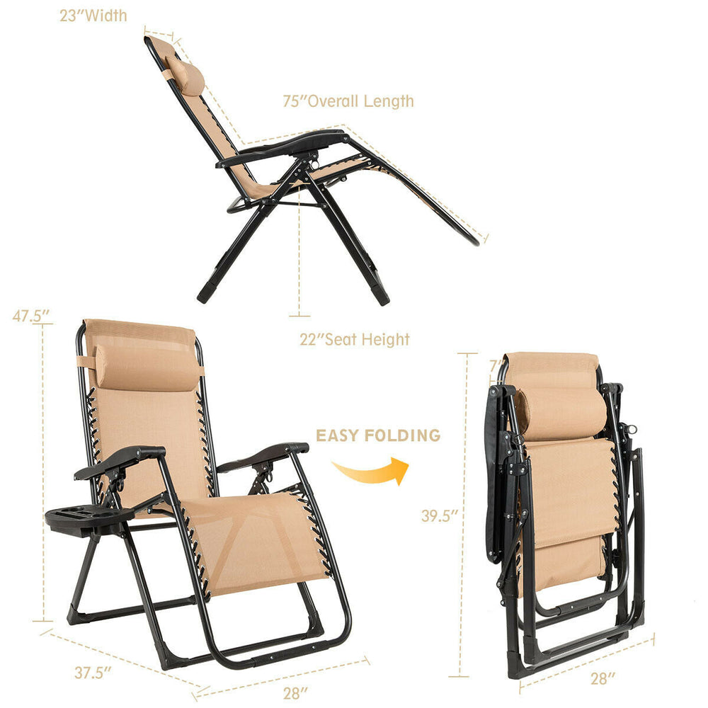 Oversize lounge chair in beige with adjustable backrest and cup holder, perfect for outdoor relaxation and easy storage.