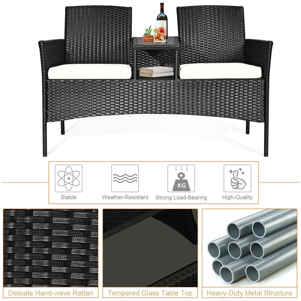 Wicker patio conversation set featuring a durable steel frame, weather-resistant rattan, and removable cushions for.