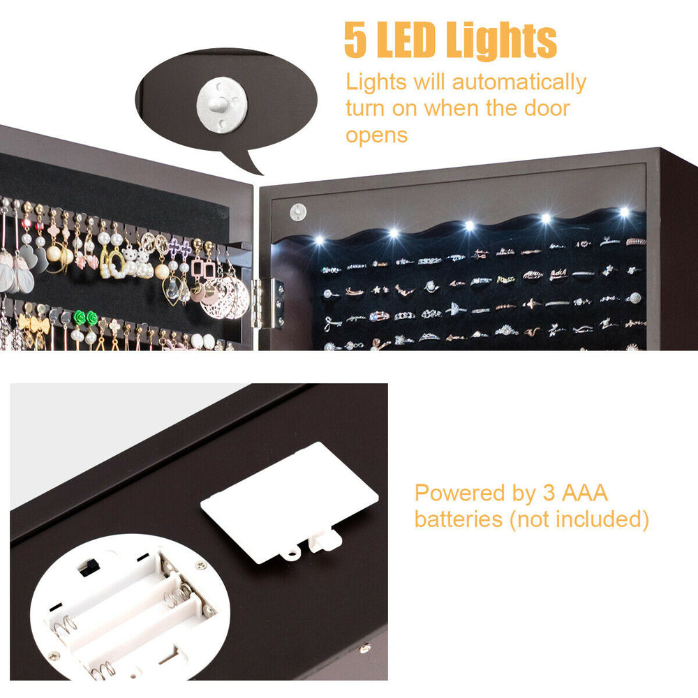 Jewelry armoire with 5 LED lights, brown MDF, wall-mounted or door-hanging, ideal for organized storage and style.