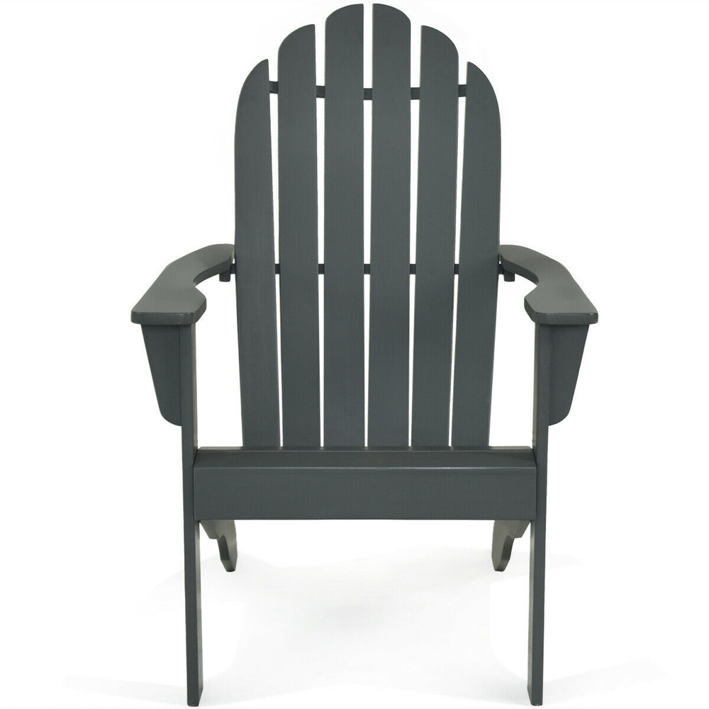 Gray acacia wood Adirondack chair with ergonomic design and wide armrests, perfect for outdoor patio relaxation.