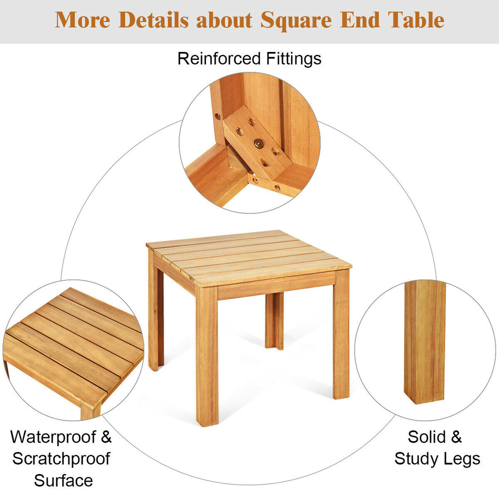 Wooden square patio coffee bistro table in natural acacia wood, featuring a waterproof and scratch-resistant surface.