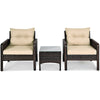 Two beige cushioned rattan chairs with a glass-top table, perfect for outdoor patio relaxation.
