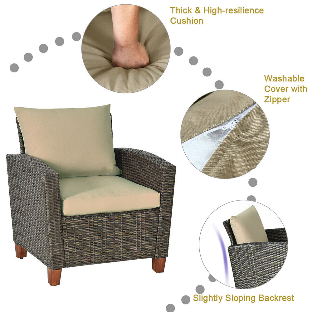 Single patio chair with thick cushion, PE wicker, and slightly sloping backrest, perfect for outdoor relaxation.