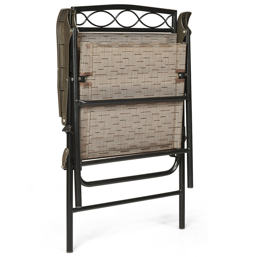 Folding patio chair in a compact design, featuring a durable steel frame and cozy fabric, perfect for easy transport.