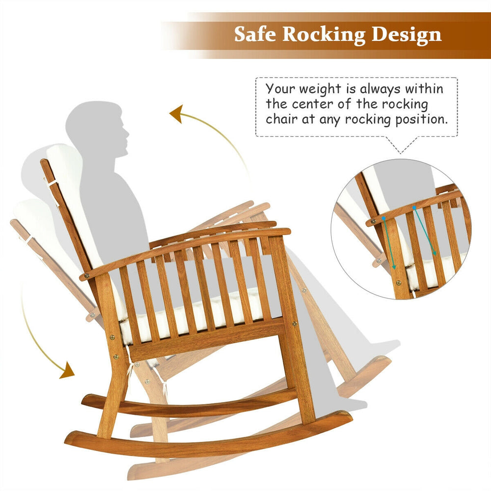 Acacia wood rocking chair with detachable cushions, featuring a safe rocking design for outdoor patio relaxation.