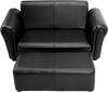 Kids black double sofa with matching ottoman, perfect for reading or watching TV in a playroom or bedroom.