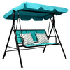 Three-person outdoor patio swing bench with adjustable blue canopy and comfortable cushions, perfect for relaxing in.