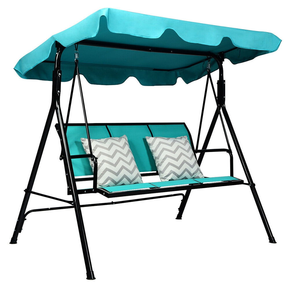 Three-person outdoor patio swing bench with adjustable blue canopy and comfortable cushions, perfect for relaxing in.