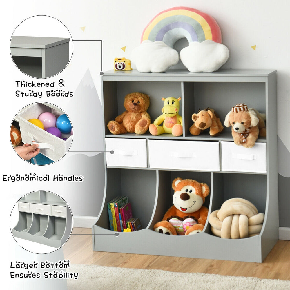 Gray freestanding storage organizer with thickened board construction, featuring three non-woven drawers and ample.