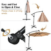 10 ft solar-powered LED patio offset umbrella with 32 lights, beige fabric, and 360° rotation for optimal shade.