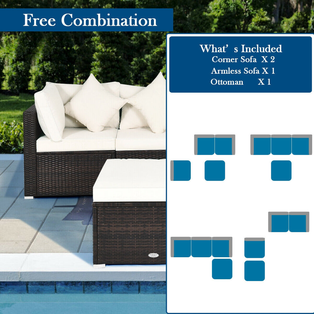4-piece rattan wicker sofa set with cushions, including 2 corner sofas, 1 armless sofa, and 1 ottoman for outdoor use.