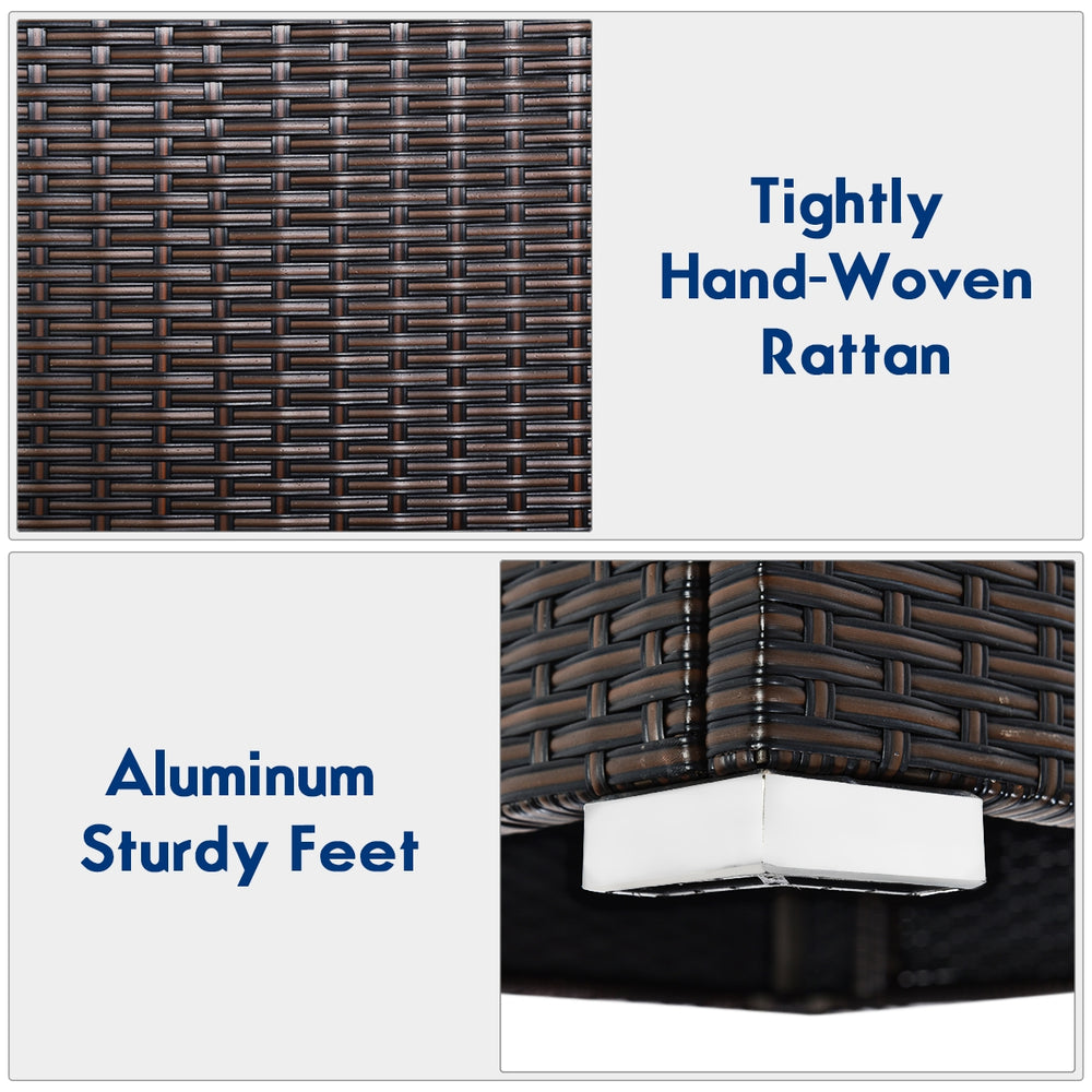 Close-up of tightly hand-woven rattan with aluminum sturdy feet, ideal for outdoor patio use.