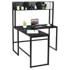 L-shaped black corner desk with open storage hutch, ideal for multitasking in home or office environments.