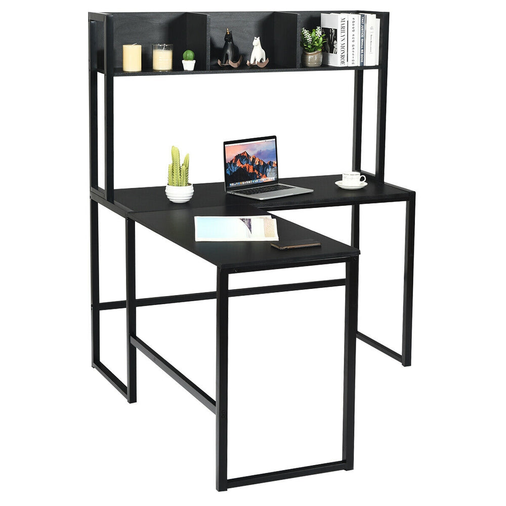 L-shaped black corner desk with open storage hutch, ideal for multitasking in home or office environments.
