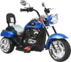 Chopper style 6V 3-wheel kids motorcycle in blue with adjustable headlight and wide seat for comfort and stability.
