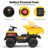 Battery-powered kids ride-on dump truck in yellow with electric bucket, remote control, and LED lights for outdoor fun.