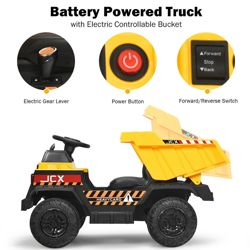 Battery-powered kids ride-on dump truck in yellow with electric bucket, remote control, and LED lights for outdoor fun.