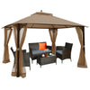 Outdoor 12 x 10 feet brown gazebo with dual-tiered roof, netting curtains, and spacious seating for gatherings.