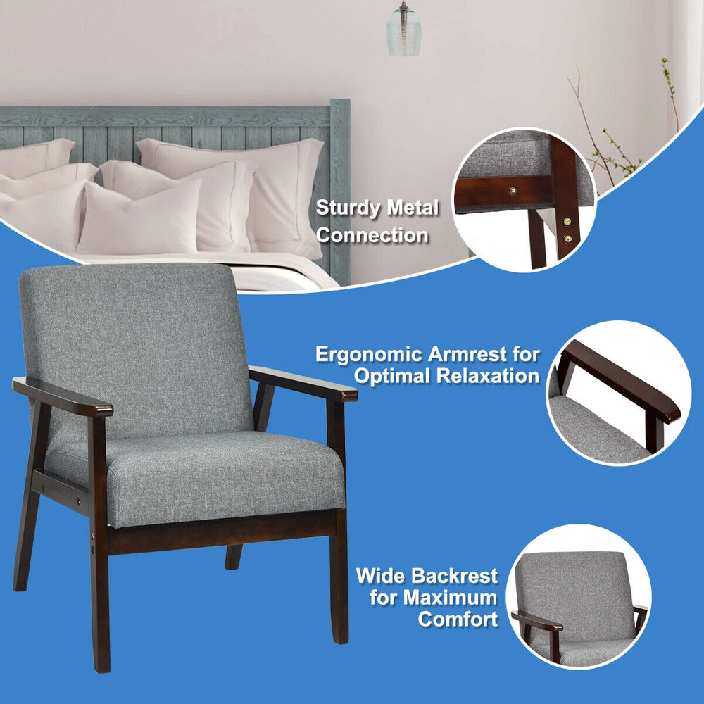 Gray fabric accent armchair with sturdy rubber wood frame, ergonomic armrest, and wide backrest for maximum comfort.