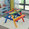 Colorful 4-seat kids picnic table made of eco-friendly fir wood, perfect for outdoor meals and playtime with umbrella.