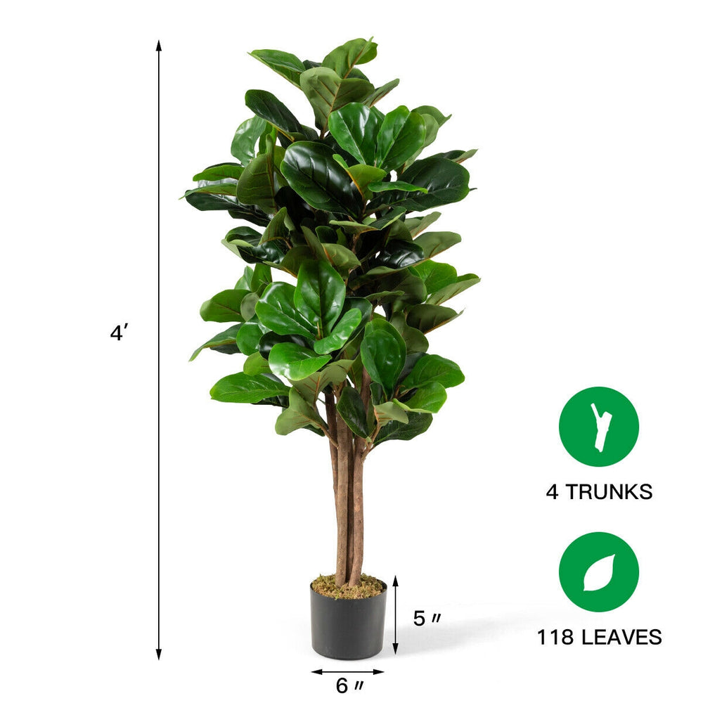 4-foot artificial fiddle leaf fig tree with 4 trunks and 118 leaves, ideal for indoor and outdoor decoration.