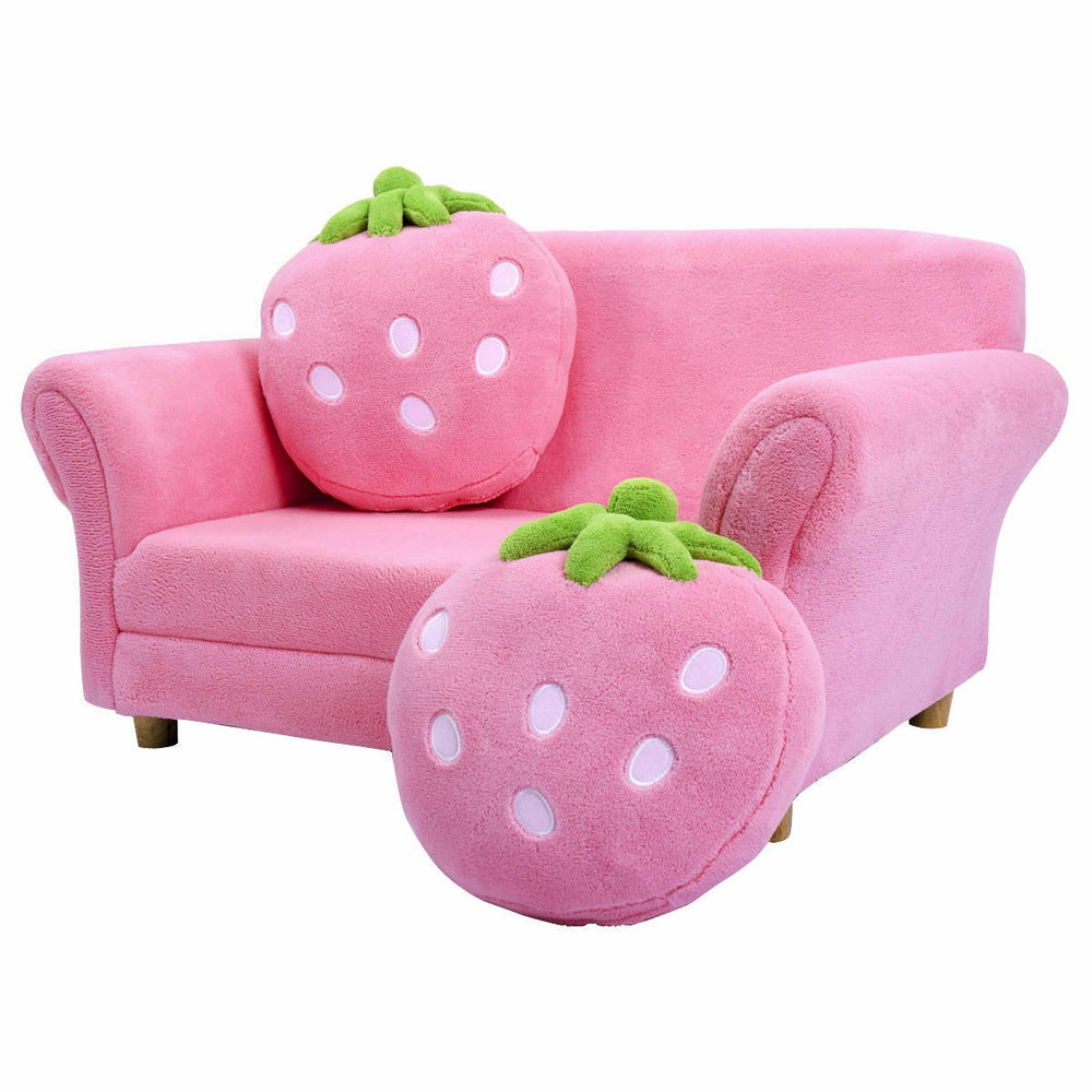 Kids strawberry armrest chair sofa in pink with two matching strawberry pillows, perfect for children's leisure and.