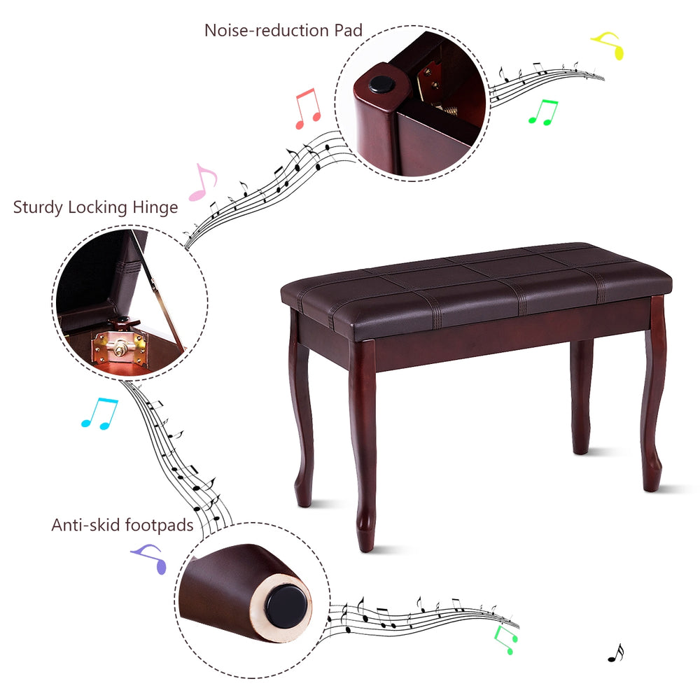 Solid wood piano bench with brown PU leather, featuring storage compartment and anti-skid footpads for floor protection.