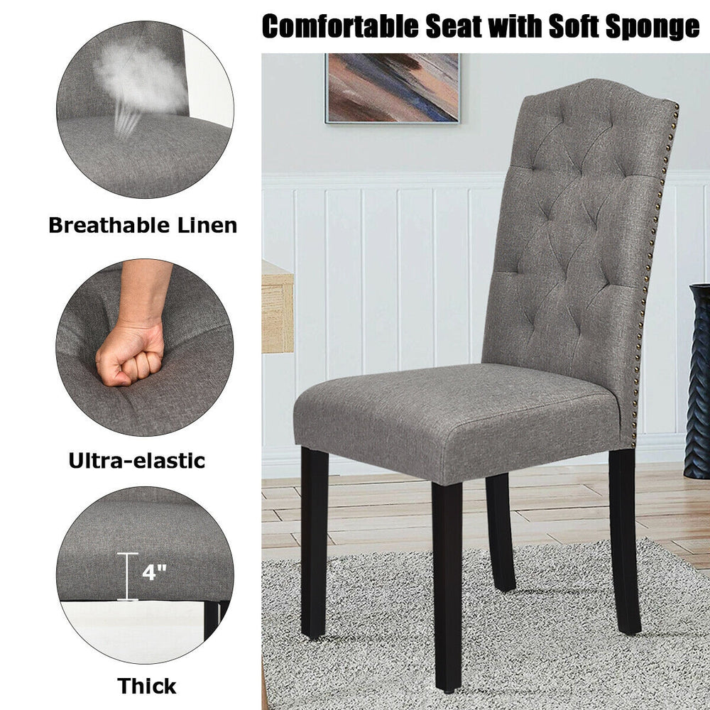 Tufted gray dining chair with breathable linen, elastic sponge seat, and sturdy rubberwood legs for comfort and.