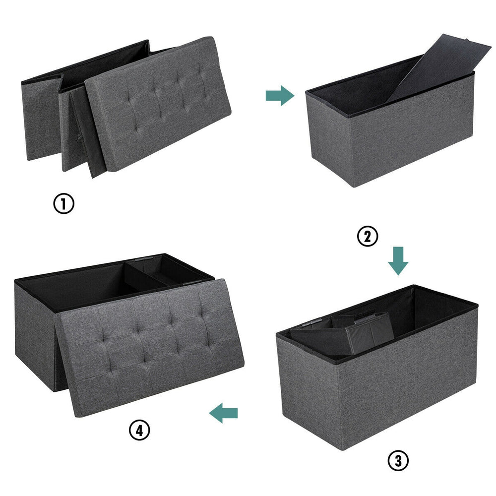 Foldable dark gray fabric storage ottoman with removable bin, featuring a padded seat and spacious interior for.
