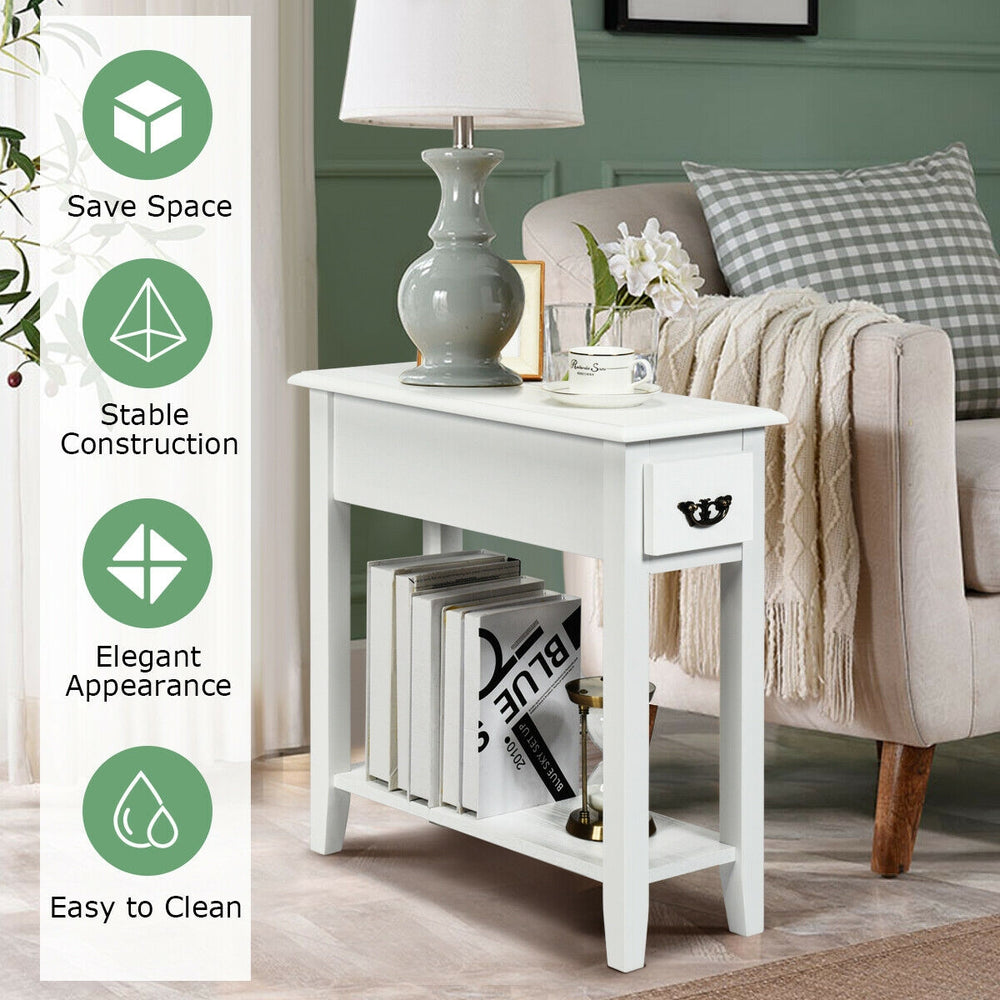 Narrow white 2-tier end table with drawer and shelf, made of P2 MDF and rubber wood, perfect for small spaces.