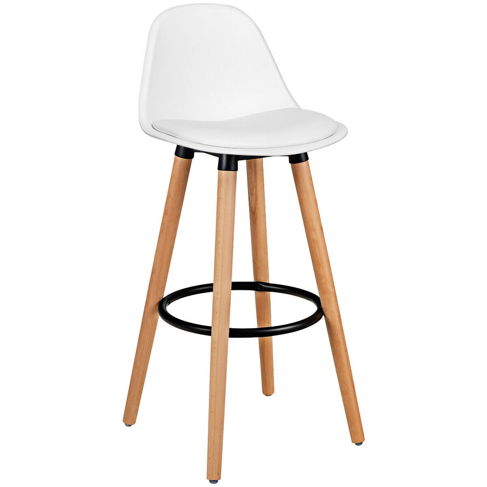 White mid-century barstool with beech wood legs and metal footrest, ideal for dining rooms and home bars.