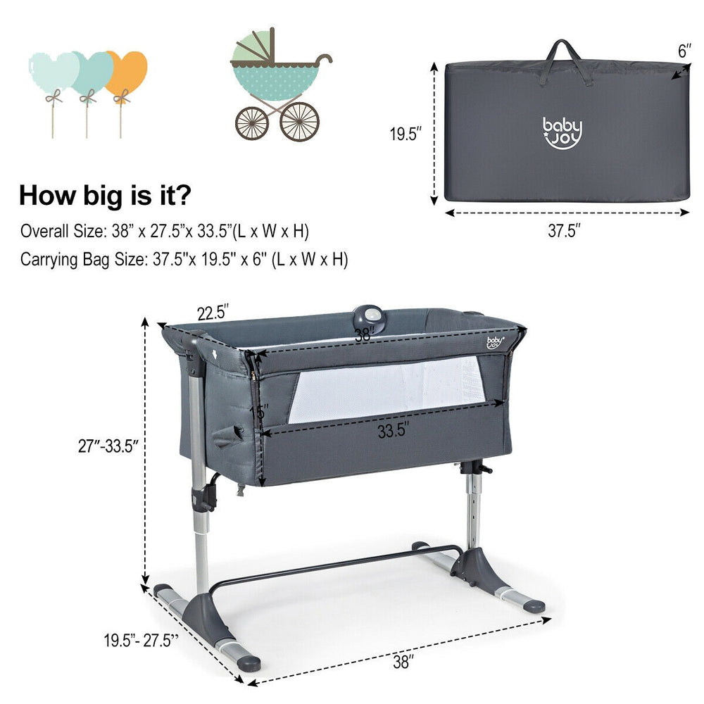 Height adjustable baby side crib in dark gray with toy rack, music box, and mesh for easy parent visibility.