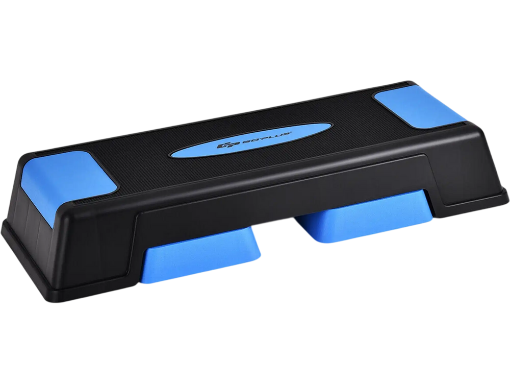 Adjustable aerobic stepper trainer in blue, featuring anti-slip surface and three height levels for versatile workouts.